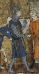 Français 1433, fol. 67v, Ivain arrivant chez le vavasseur (fr.).JPG