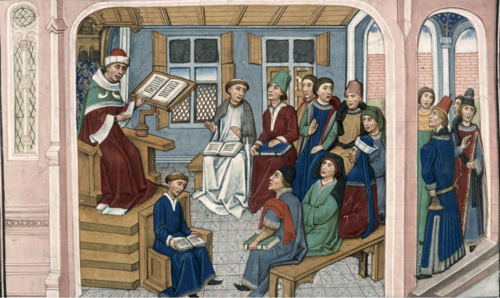 Jean Gerson a Parigi predica la Passione della Chiesa di San Bernardo, miniatura dal Miroir de l'ame pecheresse di Jean Gerson, manoscritto, Francia, 1462, Valenciennes, Bibliothèque Municipale de Valencienne Ms 0240, f. 117 Vrel .png