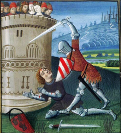 Lancelot tranche la tête de Méléagant lors du second duel Atelier d'Evrard d'Espinques. Centre de la France (Ahun), vers 1475 1..png