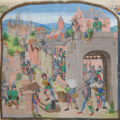 BNF, FR 2644) Jean Froissart, Chronicles, fol. 135 15th Century he men of Ghent capture and pillage Grammont.png