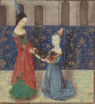 Christine de Pizan presents her Book to Margaret of Burgundy The Treasure of the City of Ladies, Paris BN fr. 1177, folio 114 c. 1475.png