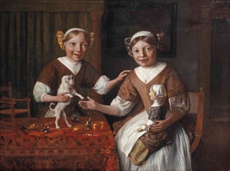 Lambert doomer portrait of two young girls with a pet dog and a doll s.jpg