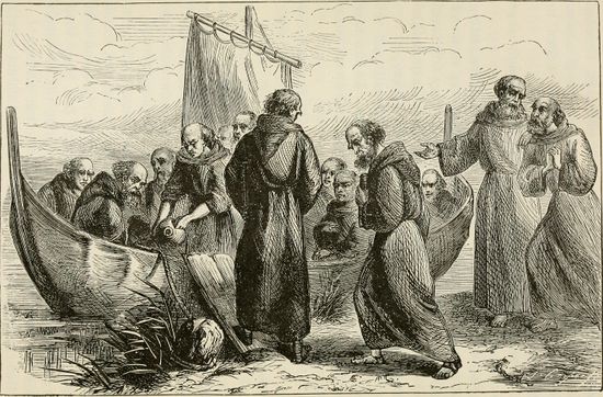Saint Brendan and his monks set sail for a western land.jpg